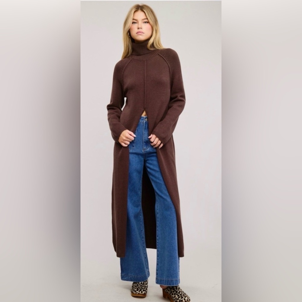 NWT Mimosa Ribbed Turtleneck Tunic Sweater Dress with From Slit in Chocolate